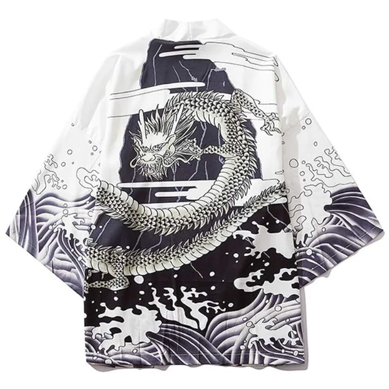 Japanese Kimono Cardigan Jacket Anime Dragon Print Haori Yukata Open Front Top