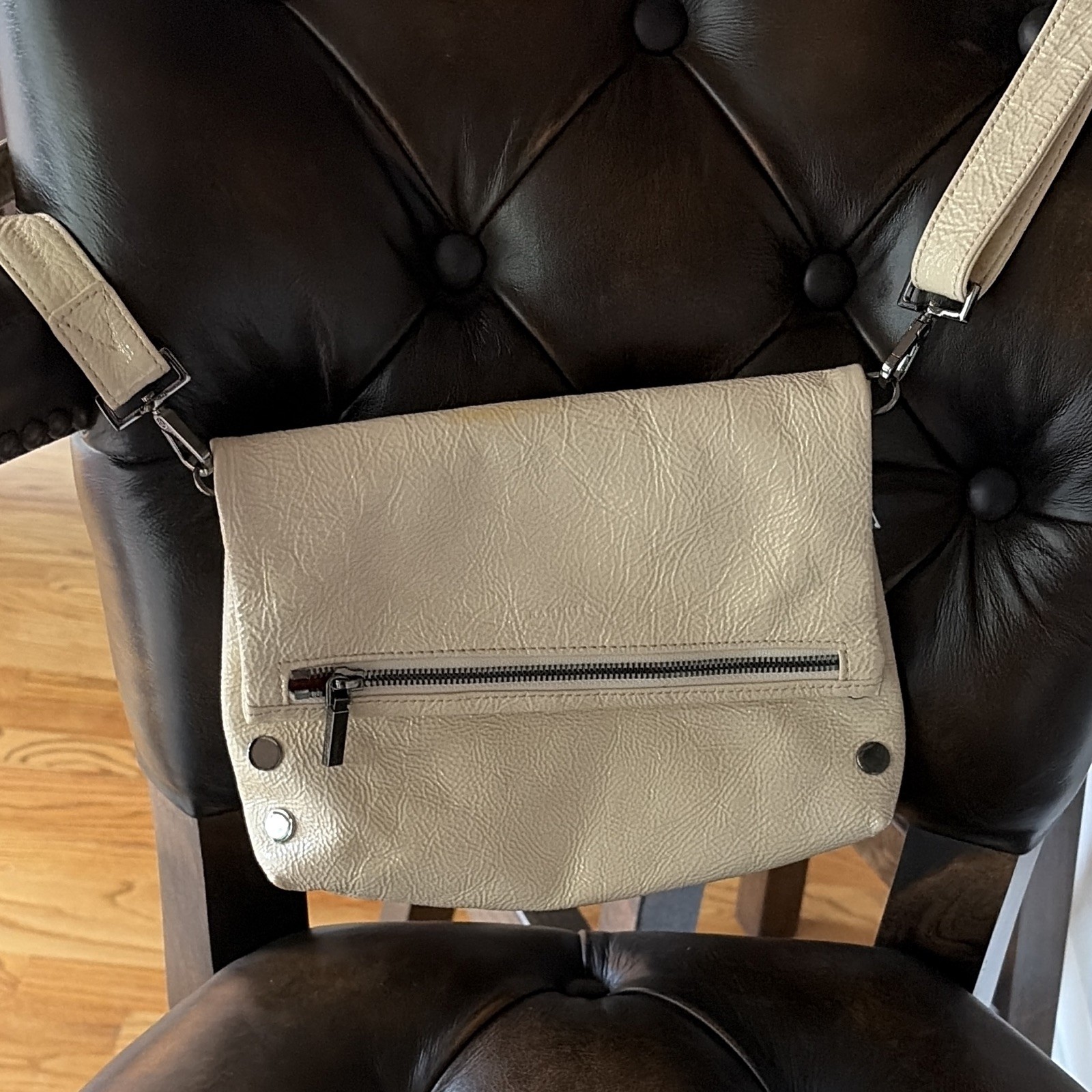 Beige Studded Pebbled Zip Crossbody Bag Detachable Strap Red Lined Medium