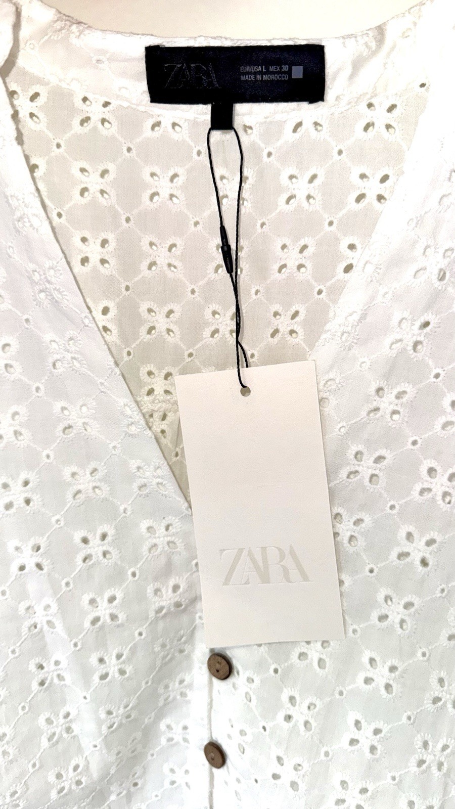 NWT Zara White Eyelet Embroidered Cotton Blouse Top Size L