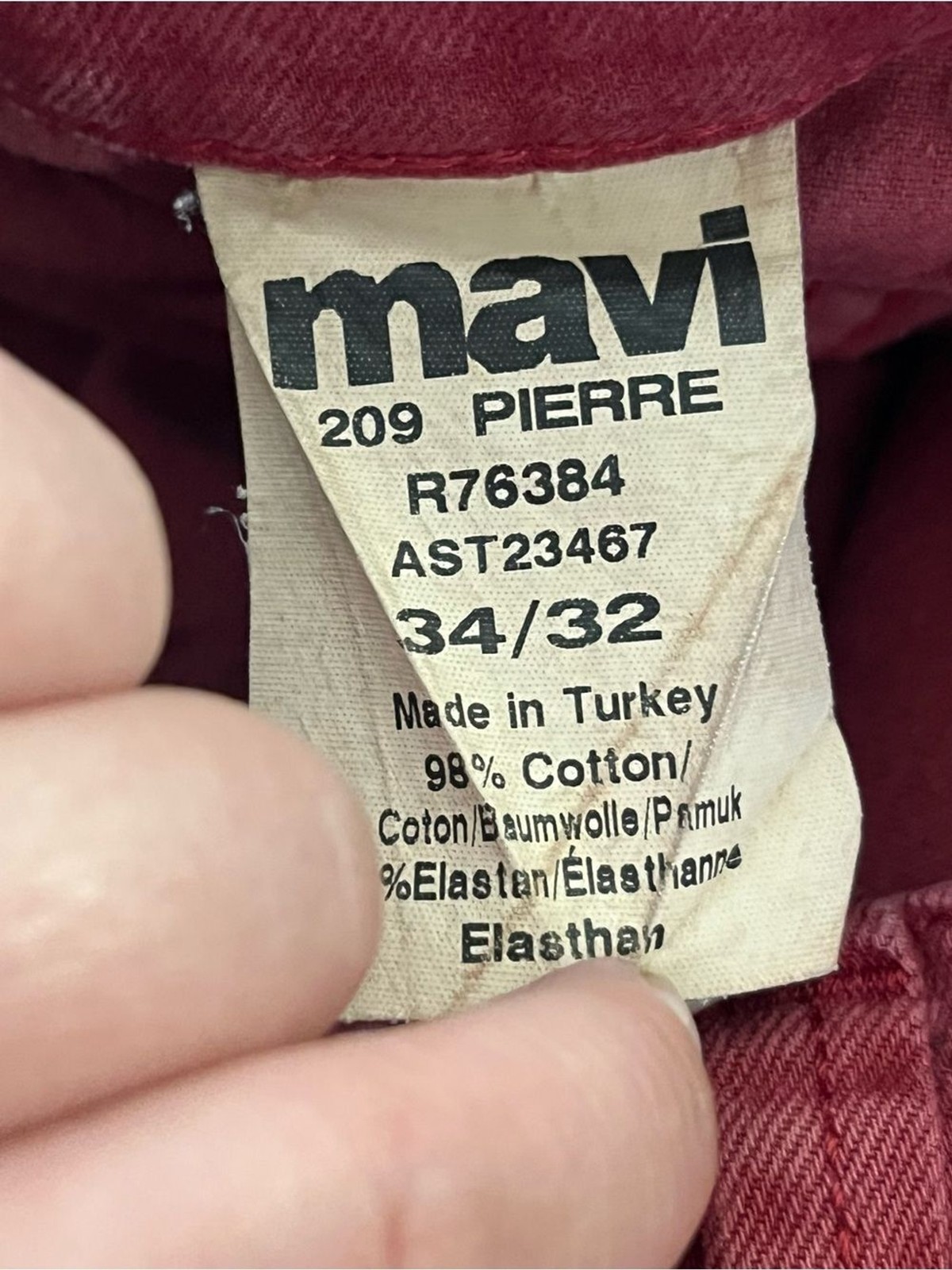 Mavi Pierre Straight Leg Jeans Red Garment Dyed Stretch Denim 34×32