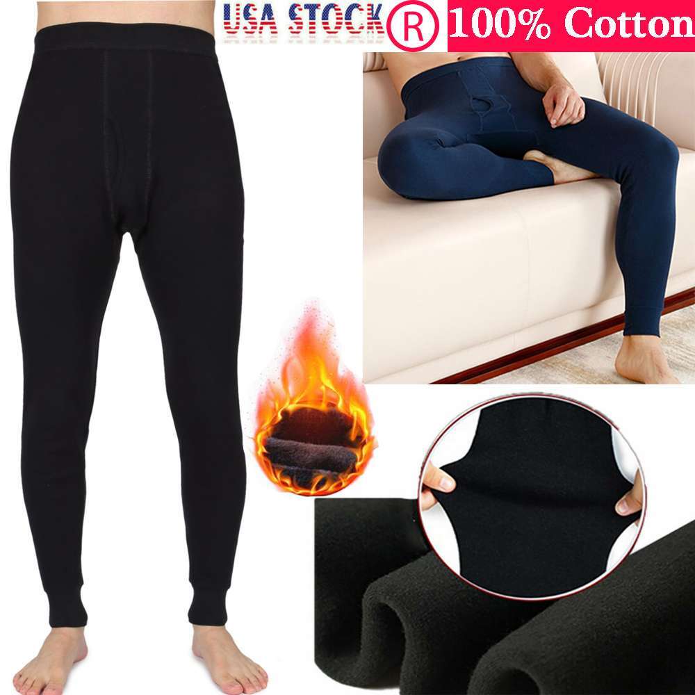 Hot Men 100% Cotton Thermal Fleece Lined Long Johns Warm Underwear Pants Bottoms