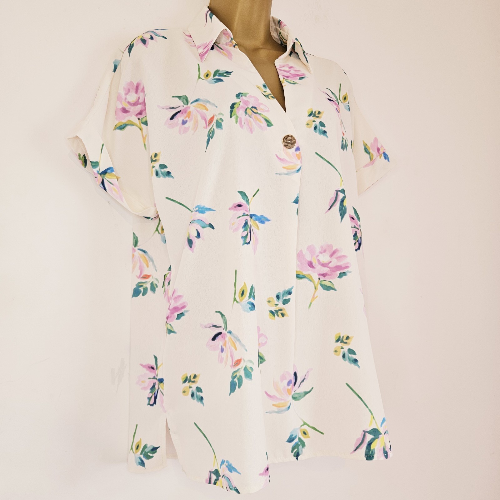 NEW DP 8-22 Crepe Chiffon Collared Floral Print White Pink Blue Green Blouse Top