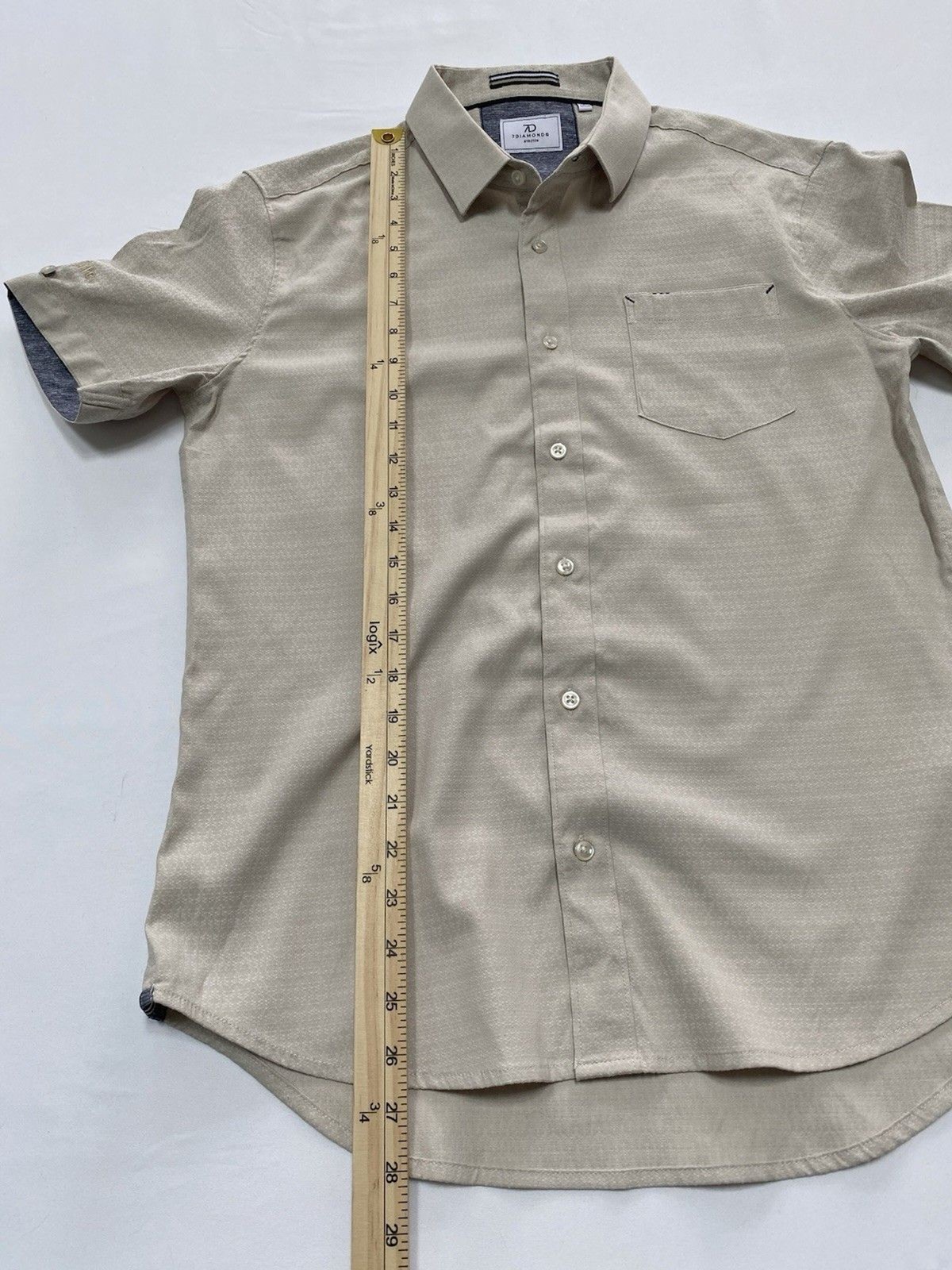 7 DIAMONDS Pretzel Logic Jacquard Stretch Short Sleeve Shirt Tan Men’s Small