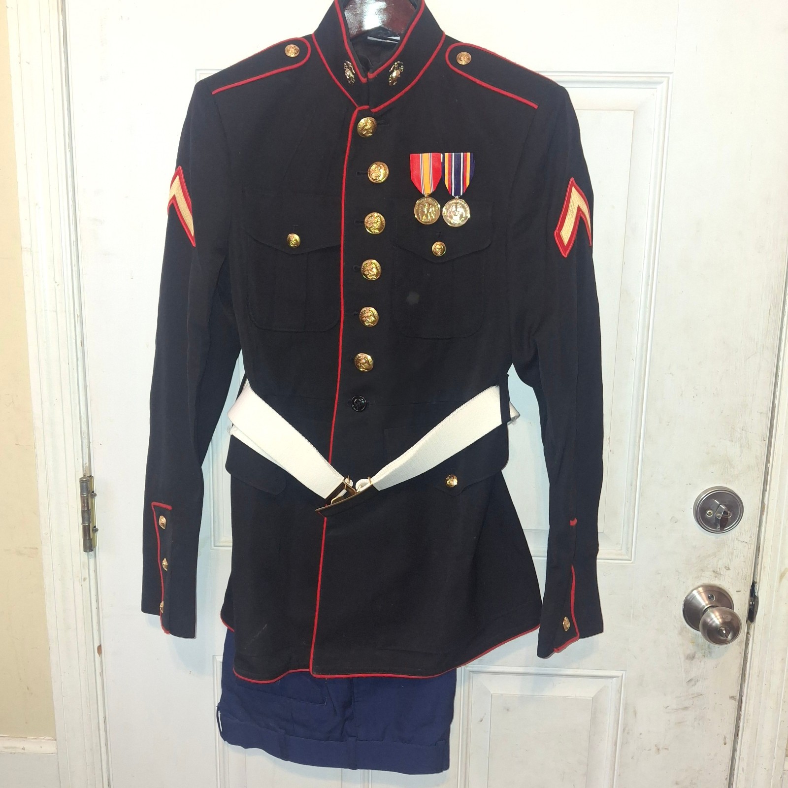 USMC Dress Blues Uniform Blouse Coat SET 39R PFC Blues Marines Trousers 31R belt