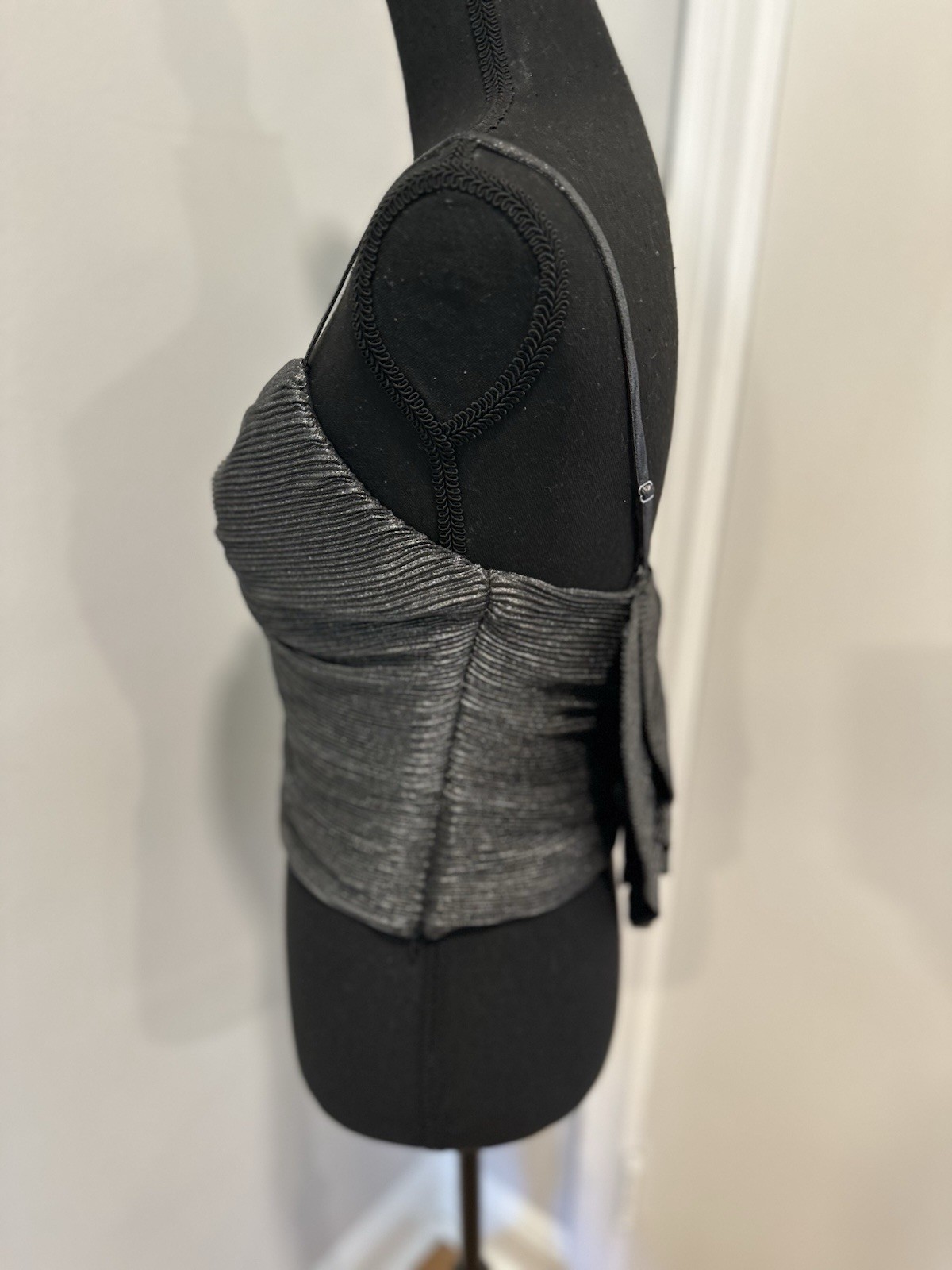 NWT Express Sz:S Pleated shimmer Metallic Bow Back Top Formal Cocktail Gray
