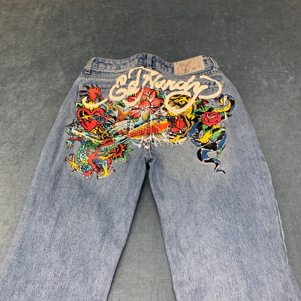 Ed Hardy Multi Tattoo Jeans Womens 26 Blue Denim Light Wash Mid Rise Pockets