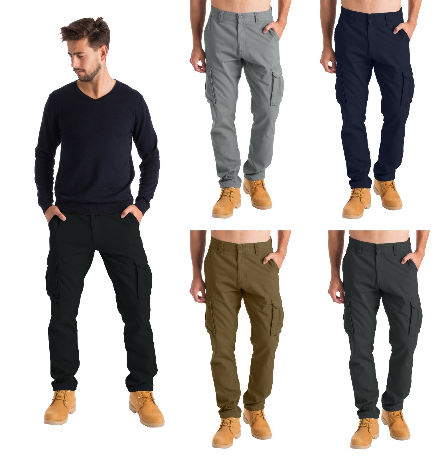 Mens Cargo Combat Work Trousers Chino Cotton 6 pocket full Pant size 32-44