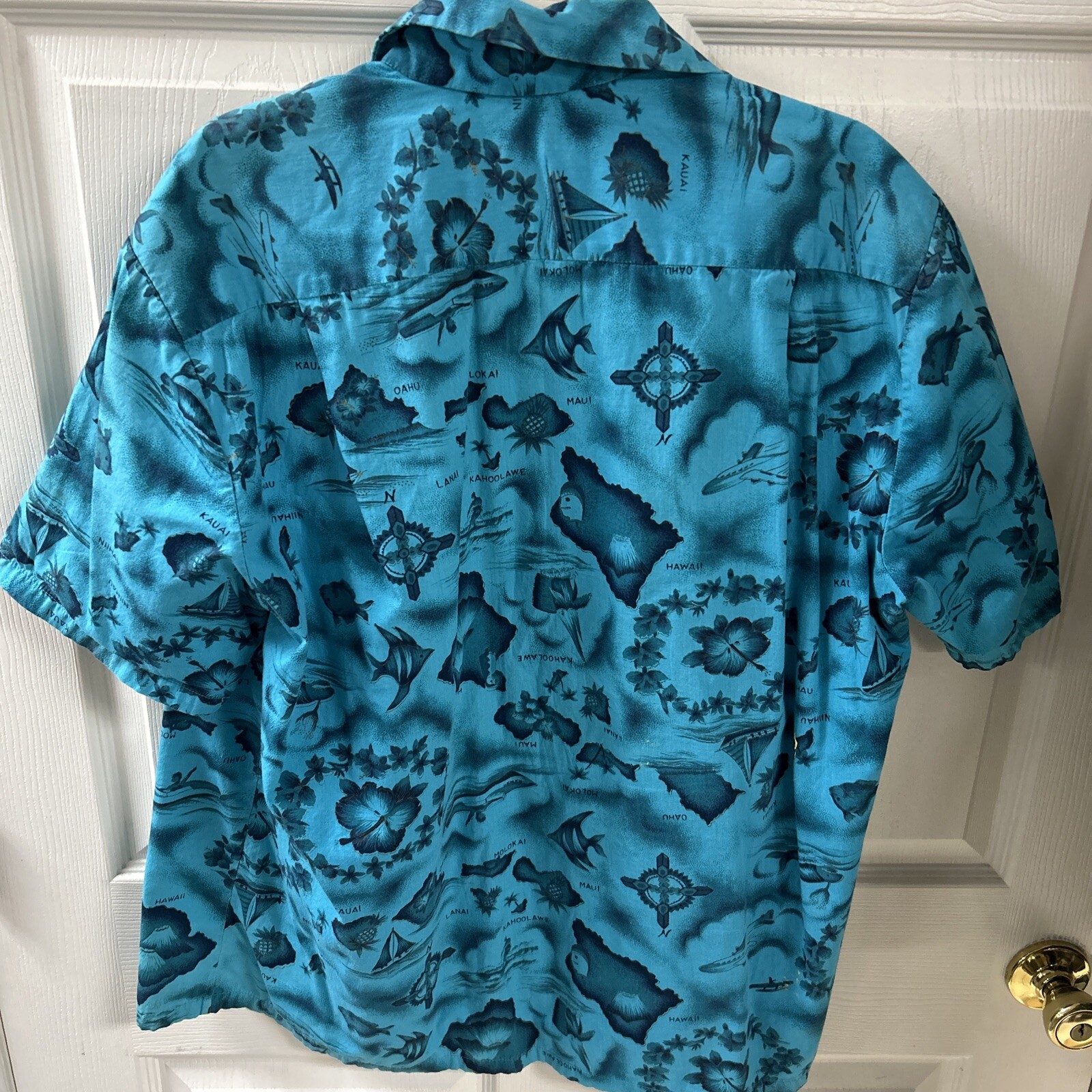 Vintage UI-MAIKAI Hawaiian Shirt Mens Large Blue Island Map Compass Floral 60s