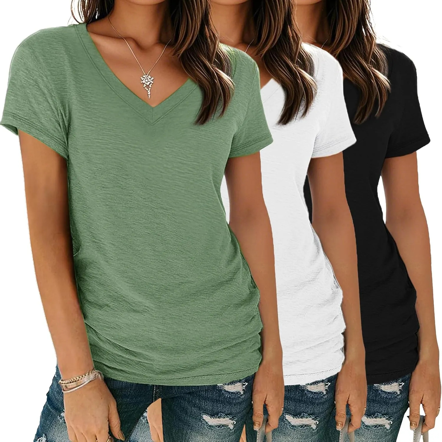 Womens V Neck Short Sleeve Basic T Shirt Loose Fit Casual Summer Tee Top S-XXL