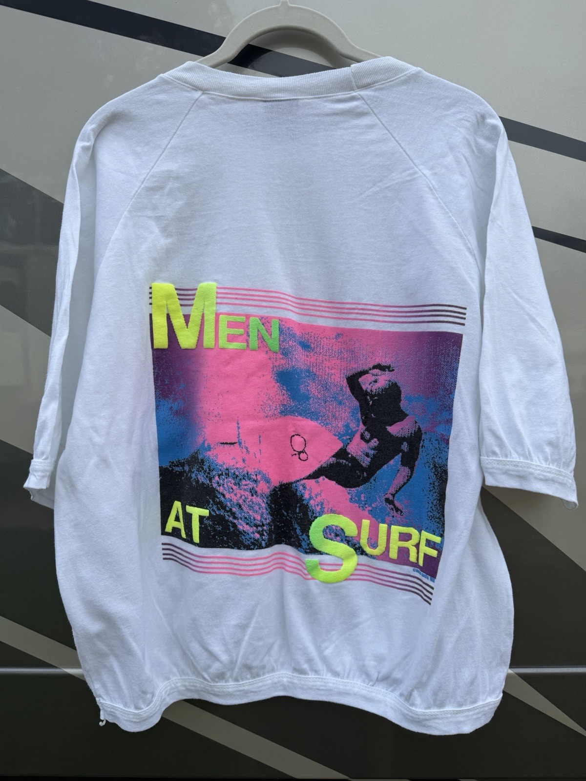 Vintage 80s Ocean Pacific “Men at Surf” neon surfing graphic banded L retro Cali