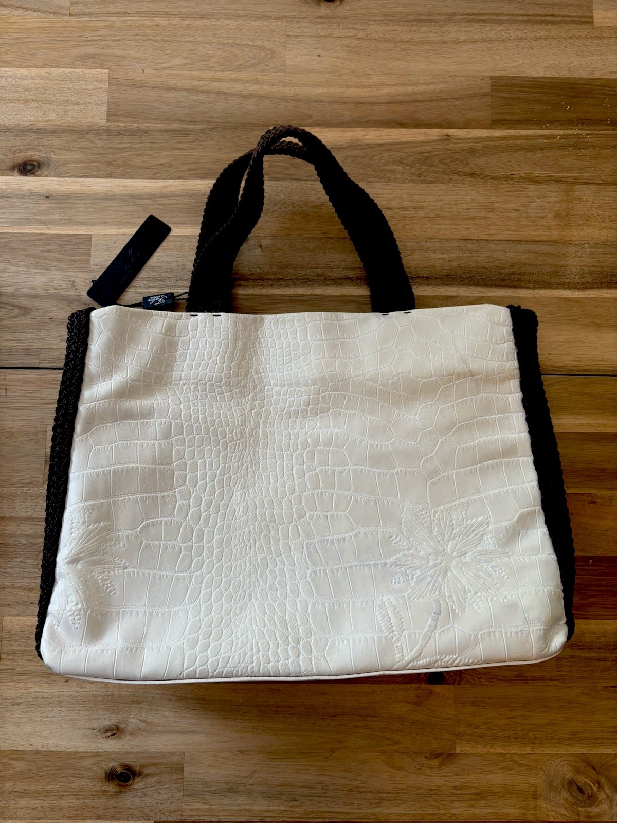 Falor Le Borse White Embossed Leather Woven Brown Jute Trim Tote Bag NWT
