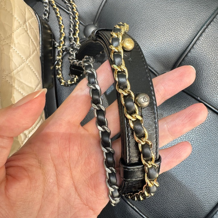 Chanel Gabrielle Beige Quilted Leather Silver Gold Chain Shoulder Bag
