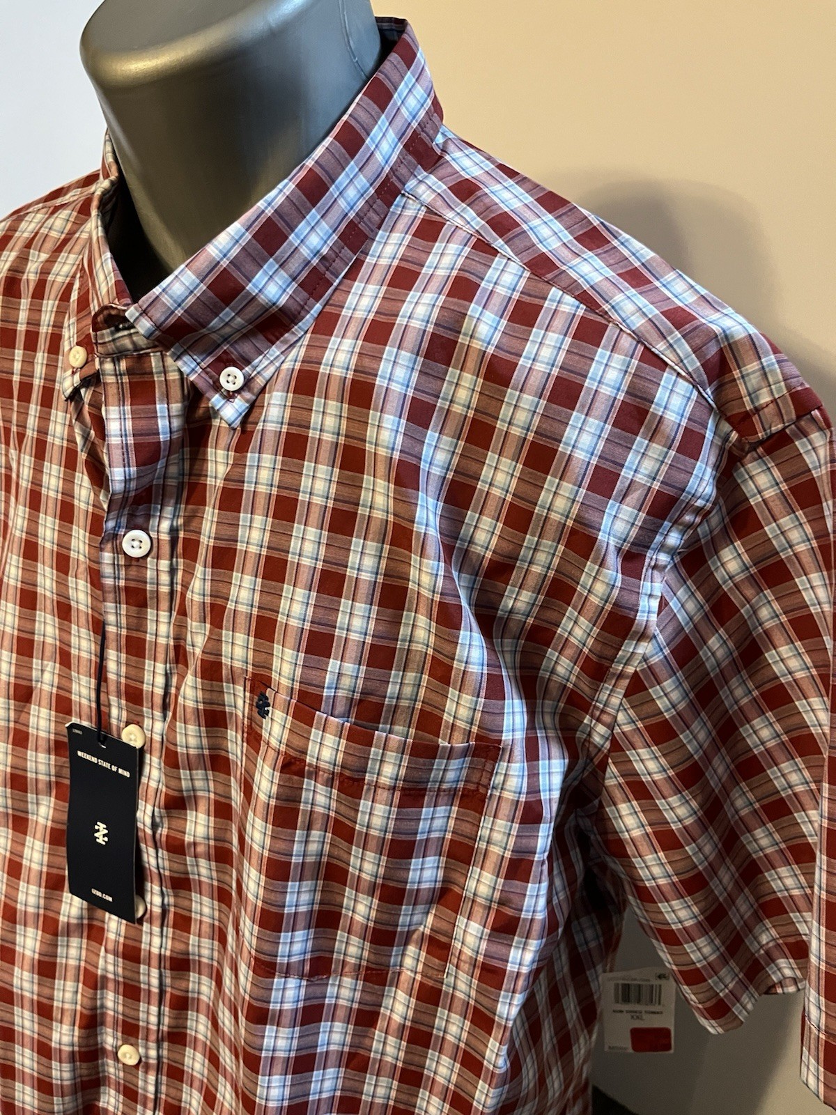 IZOD Men’s SS Button Down Breeze Shirt Red Blue Plaid XXL Cotton Poly – NWT