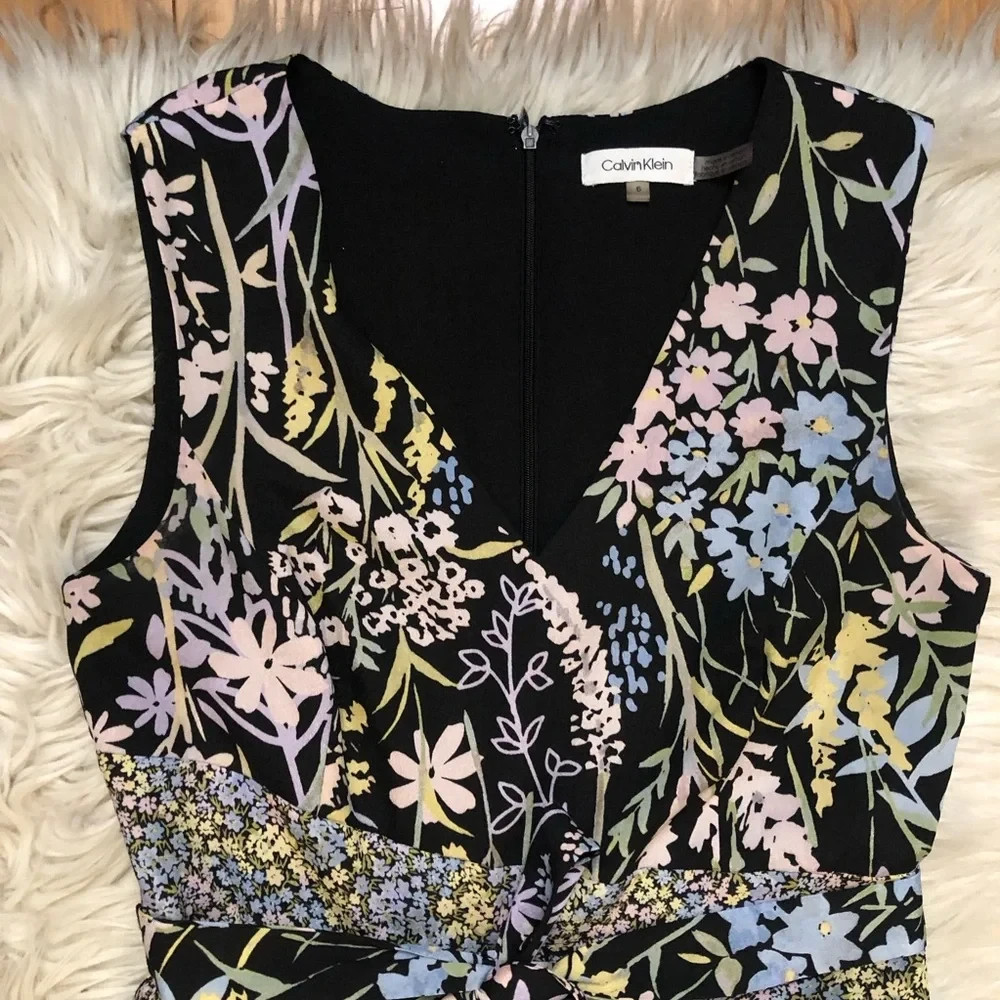 Calvin Klein Mixed Floral Asymmetrical Handkerchief Black Yellow Midi Dress 6