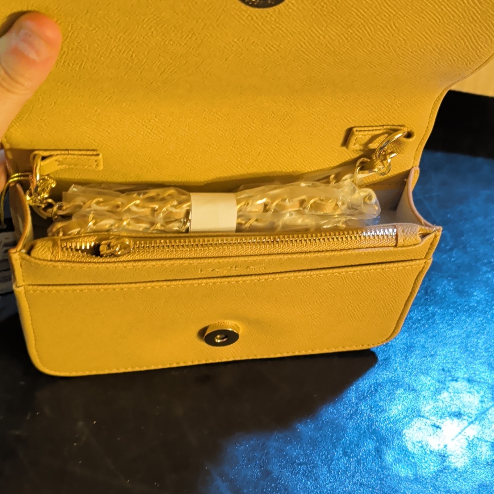 bebe Women’s Tan Logo Monogram Wallet Wristlet w/ Chain Strap, Zip Pocket