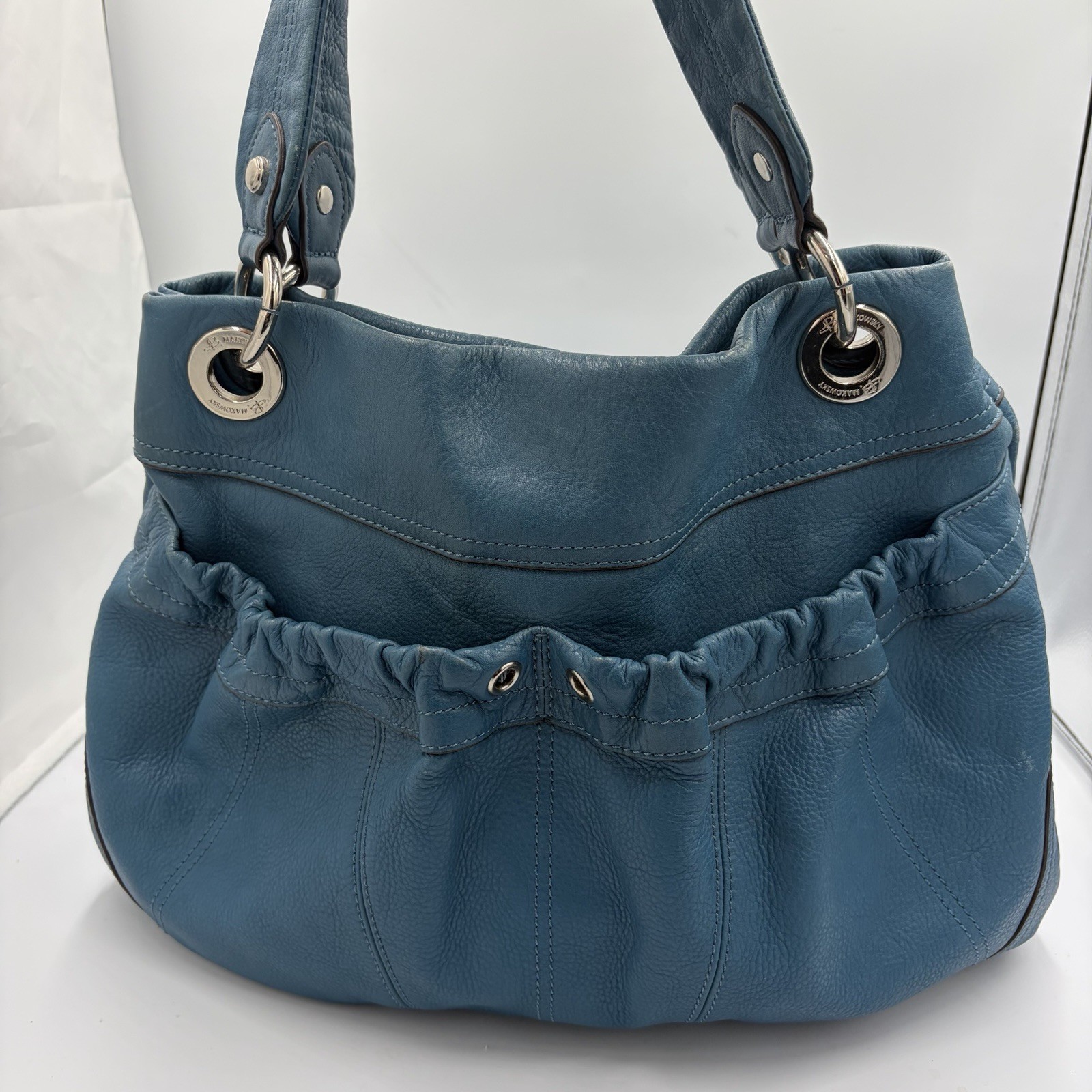 B Makowsky Teal Blue Pebbled Leather Hobo Shoulder Bag Large Silver Hardware