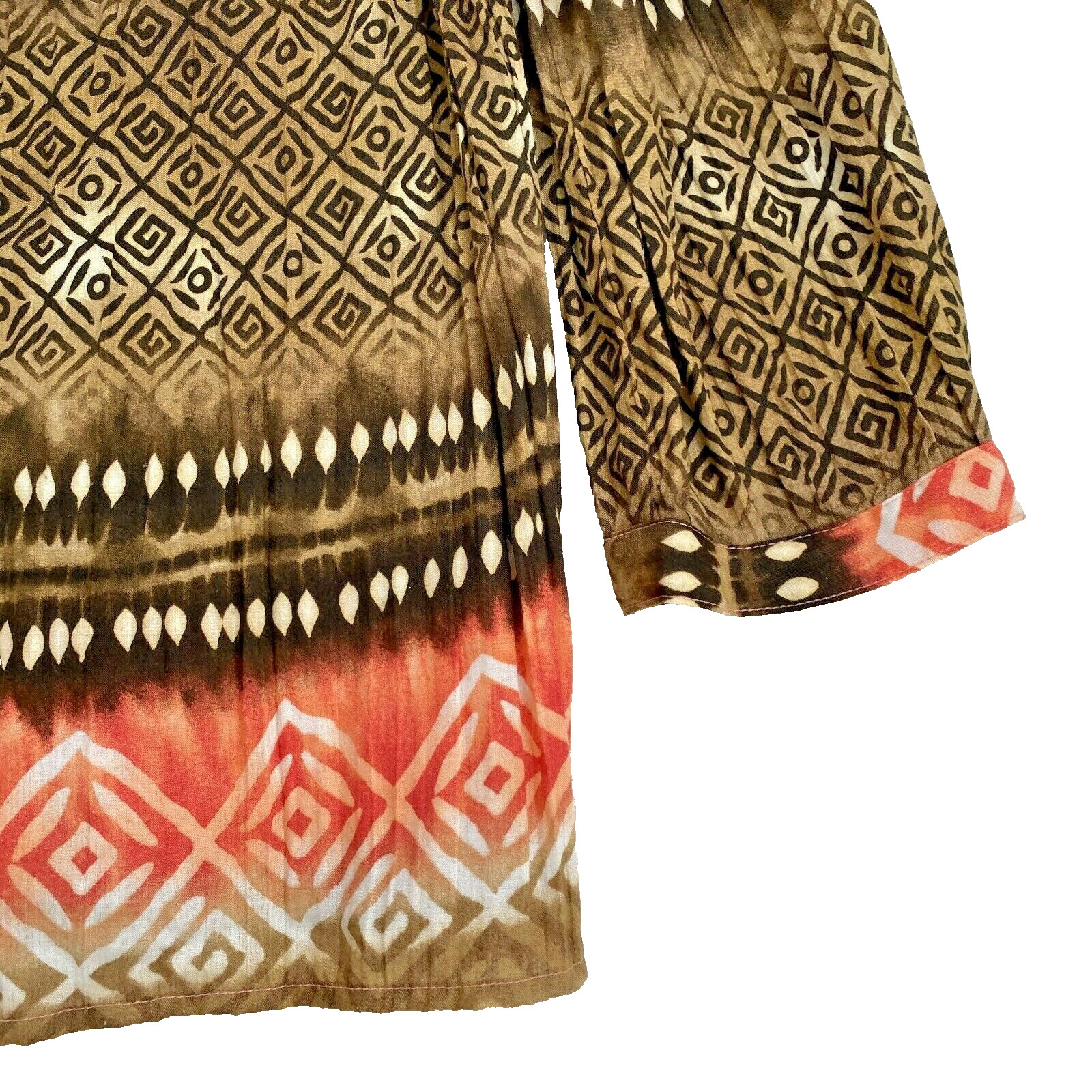 Lemon Grass Womens Blouse Sz M Peach Brown Button Up Beaded Neck 3/4 Sleeve Boho