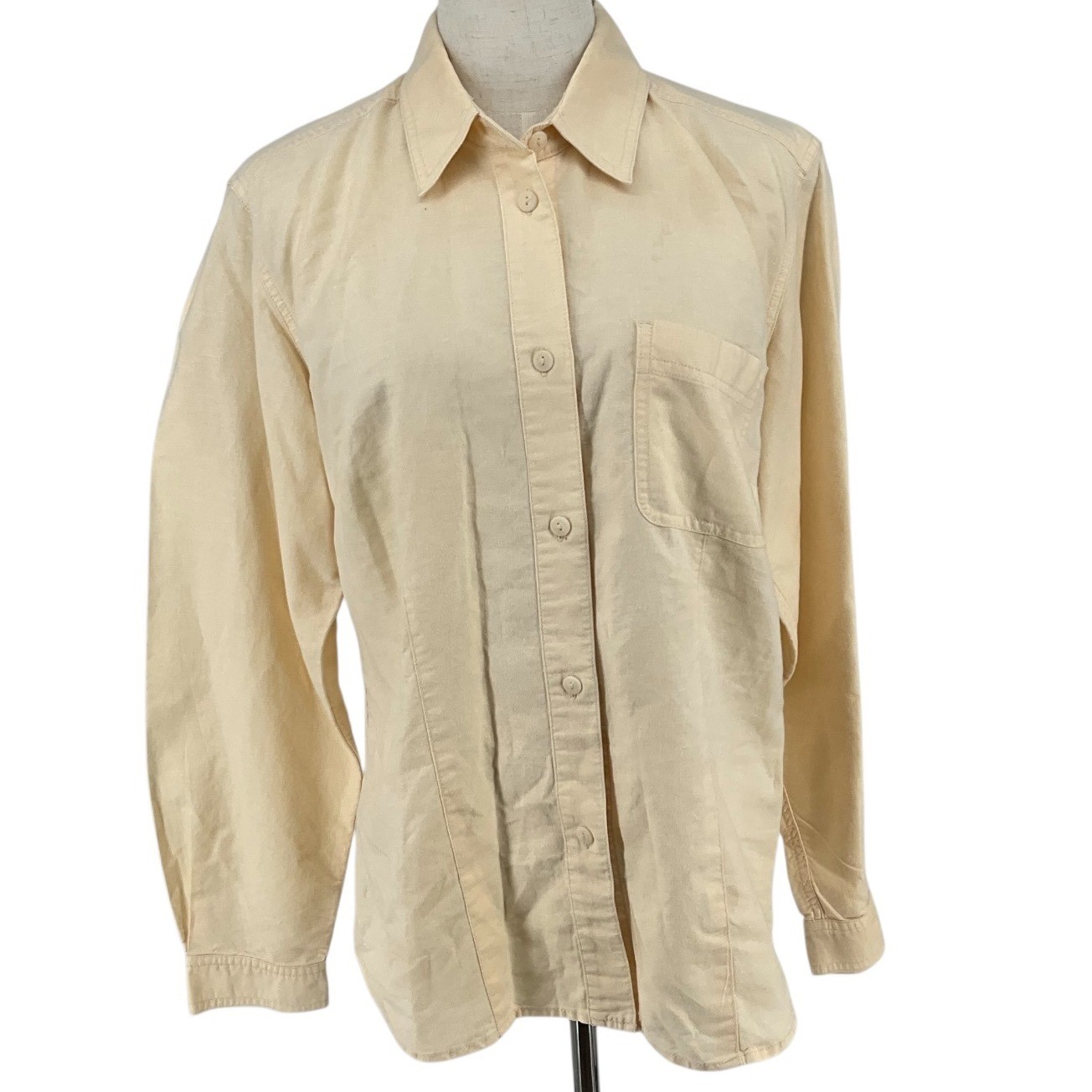 Liz Claiborne Womens Button Down Shirt Top Butter Yellow Beige Linen Blend Sz 10