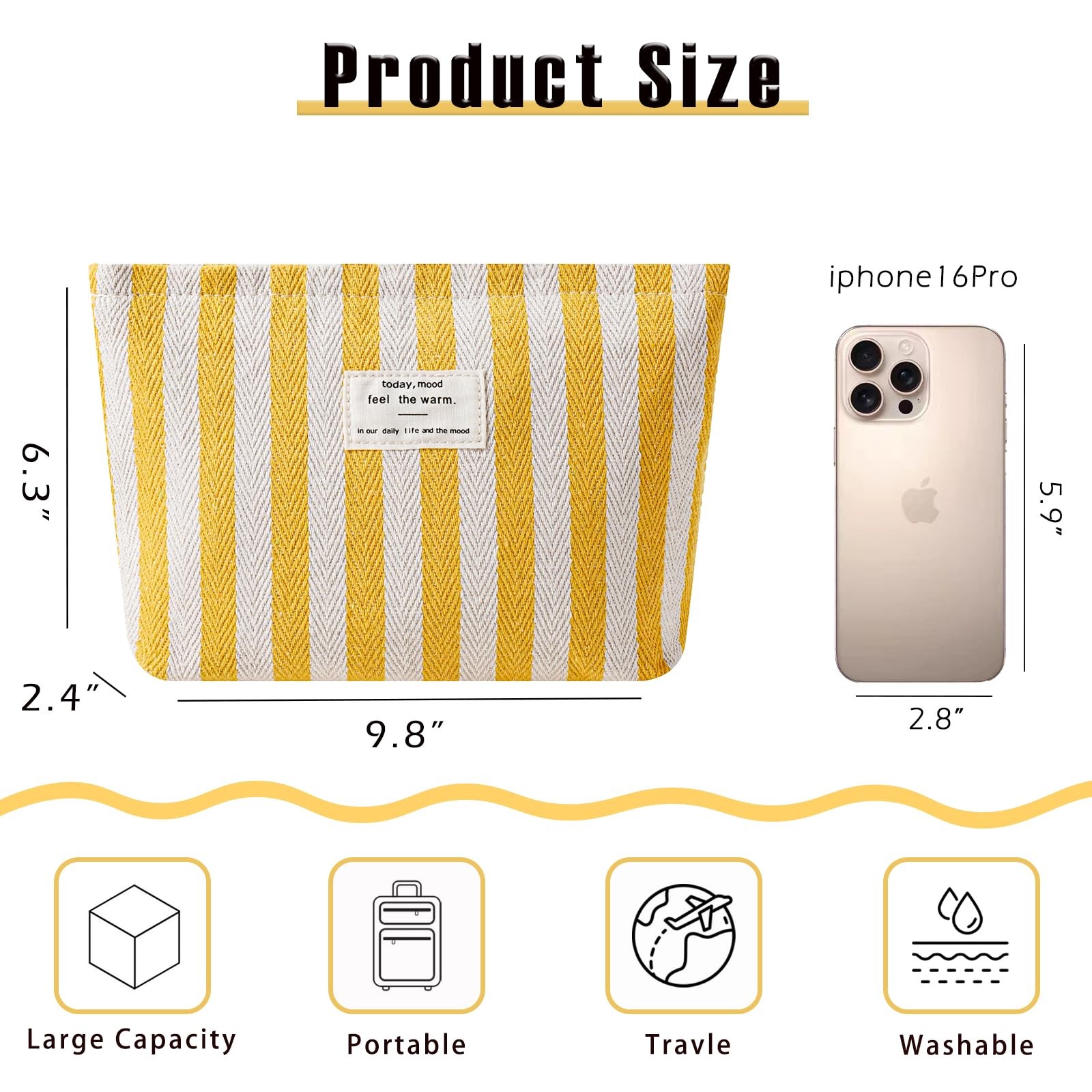 RSRSLEII Striped Canvas Makeup 9.8inches x6.3 inches x 2 inches, 03Yellow