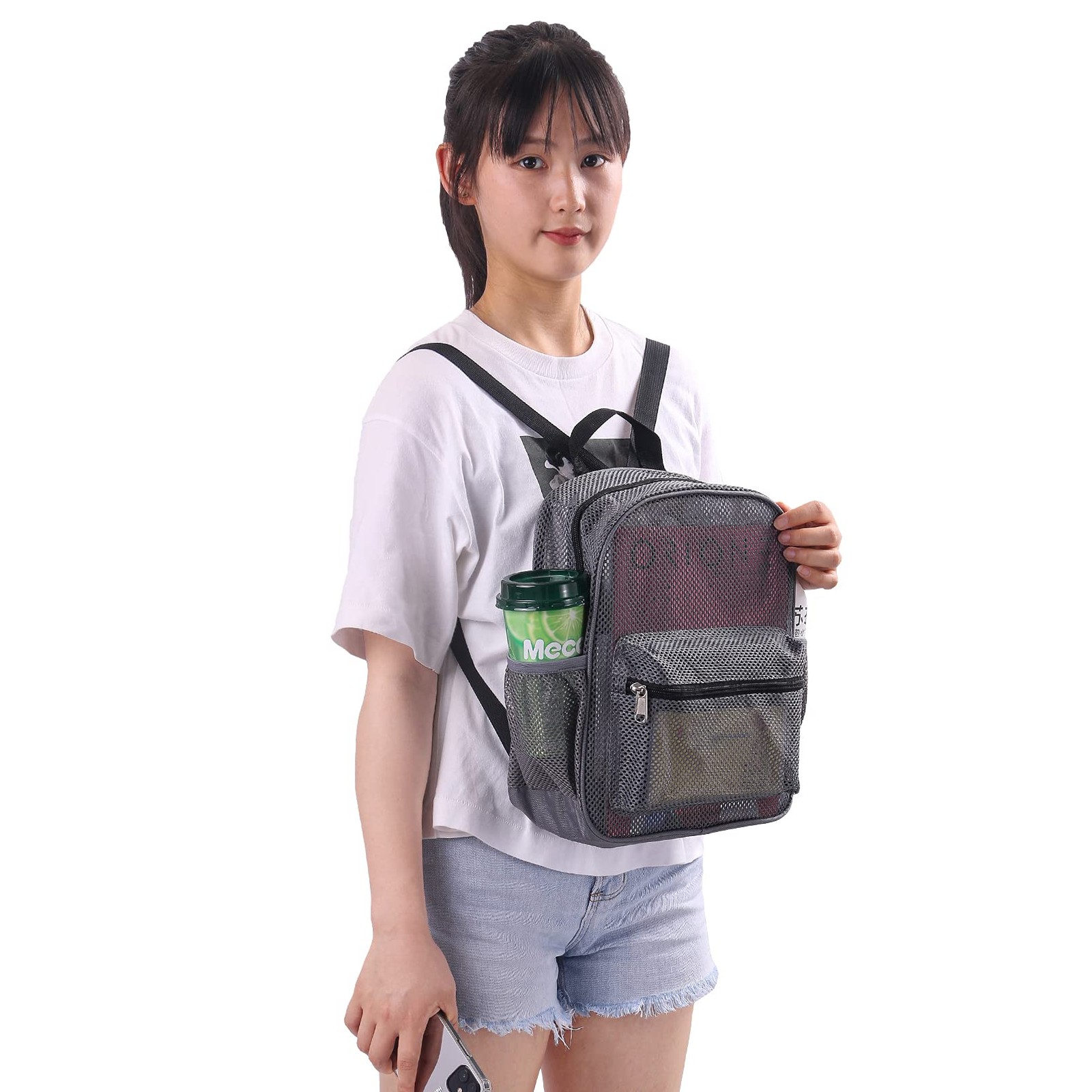 MAY TREE Grey Mesh Backpack for School, Beach, 10*4.5*12 inches, Grey-5