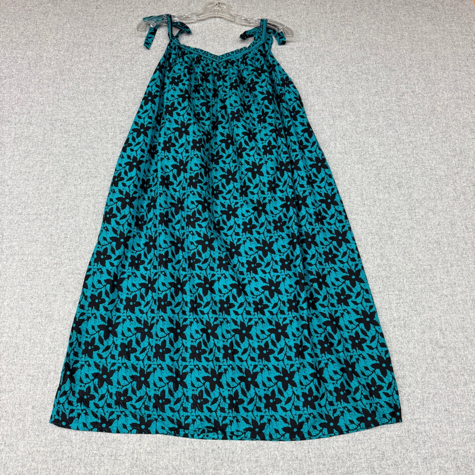 Unbranded Floral Batik Midi Dress L Teal Black Tie Strap Pockets Boho Sleeveless