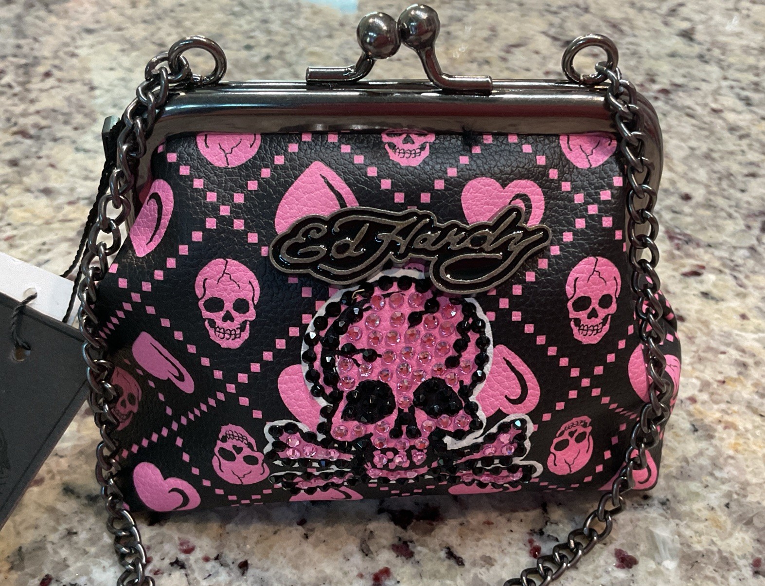 ED HARDY Skeleton Black Coin Bag Faux Leather kiss-lock closure Crossbody Chain