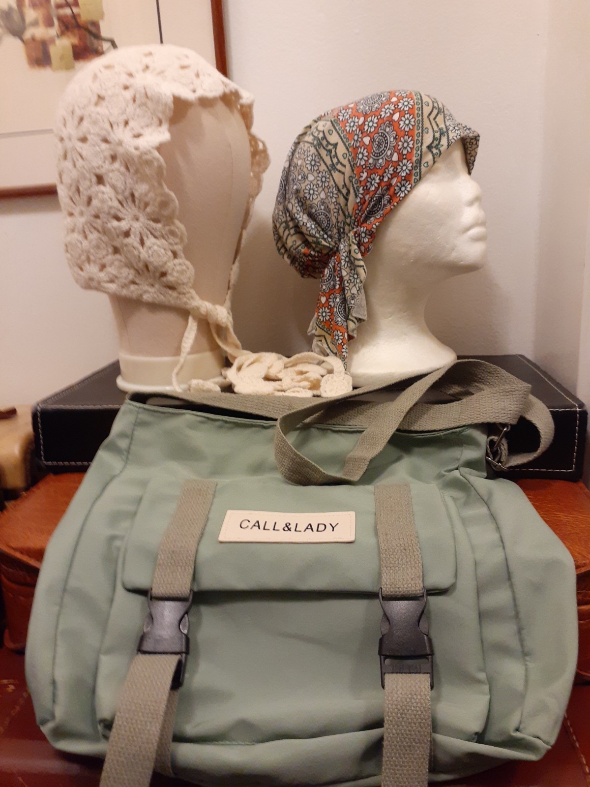Mixed Lot of 2 Fabric Head Gears/Bonnet with Chin Strap and 1 Cross Body Bag