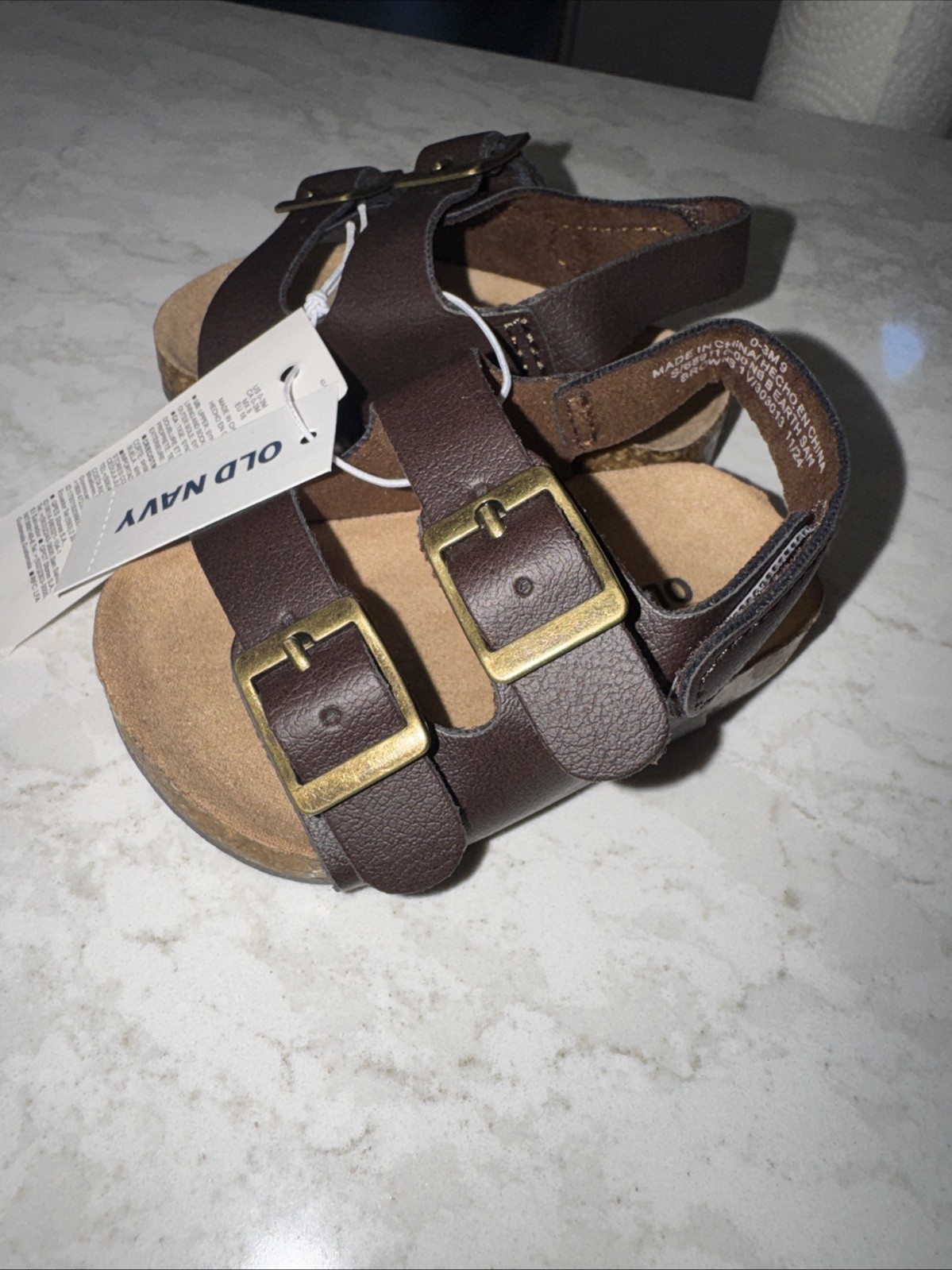 Old Navy Double Buckle Sandals Brown Faux Leather 0-3 Mth Unisex Gender Neutral