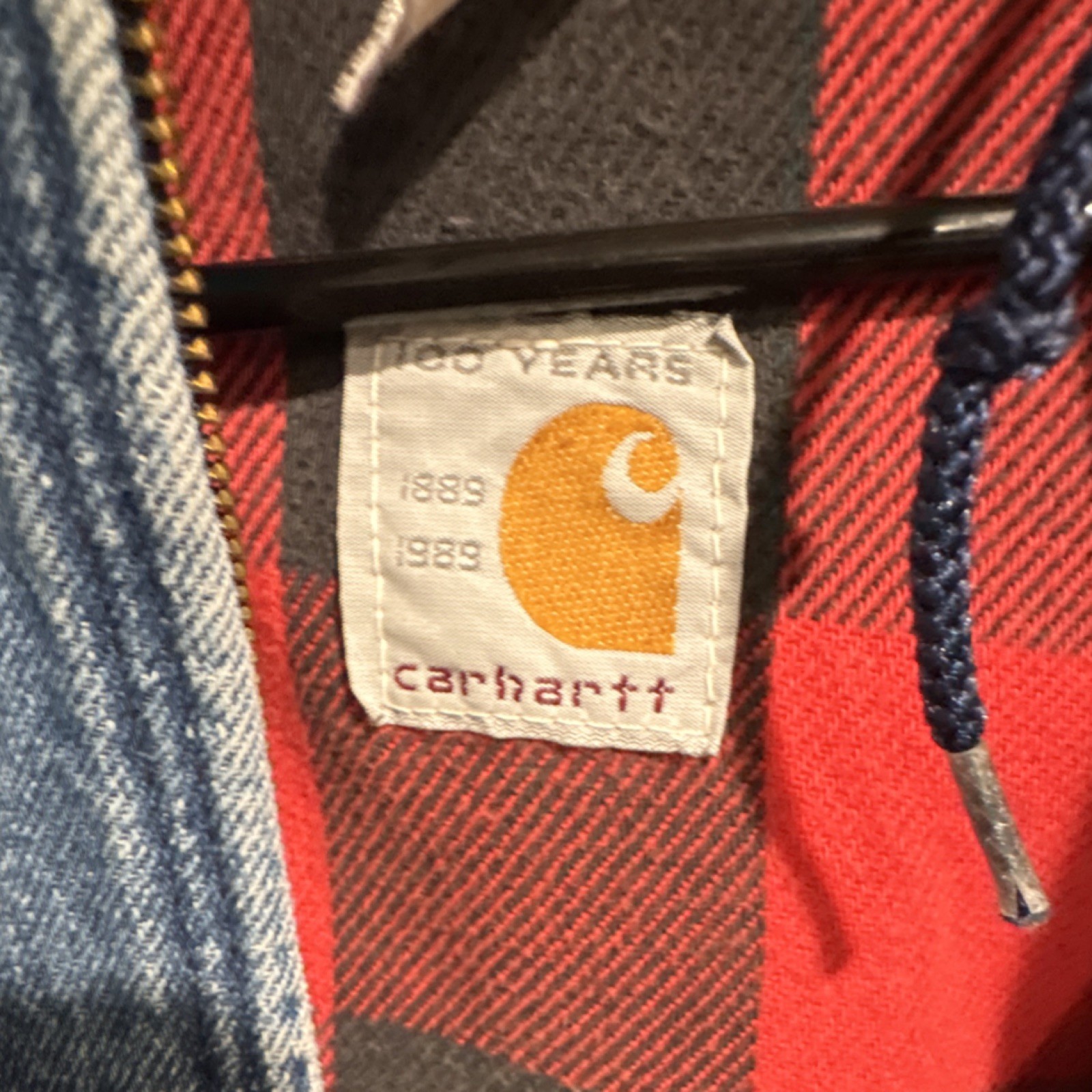 Vintage Carhartt 100 Years 1889-1989 1980s Blue Denim Hooded Jacket Plaid Lining