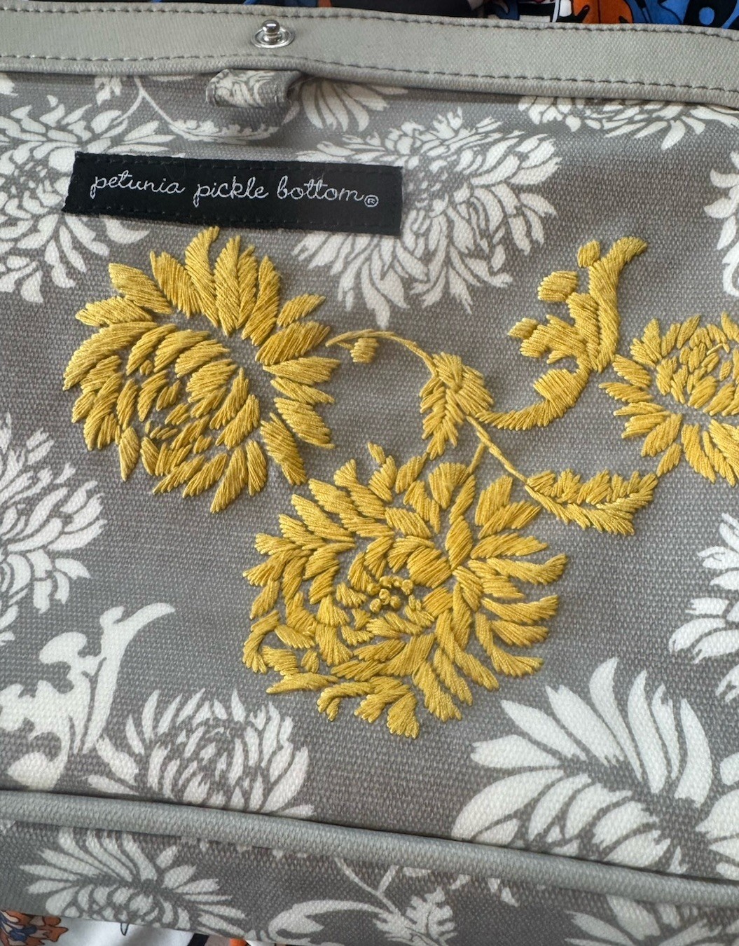 Petunia Pickle Bottom Gray Floral Gold Embroidered Clutch Handbag