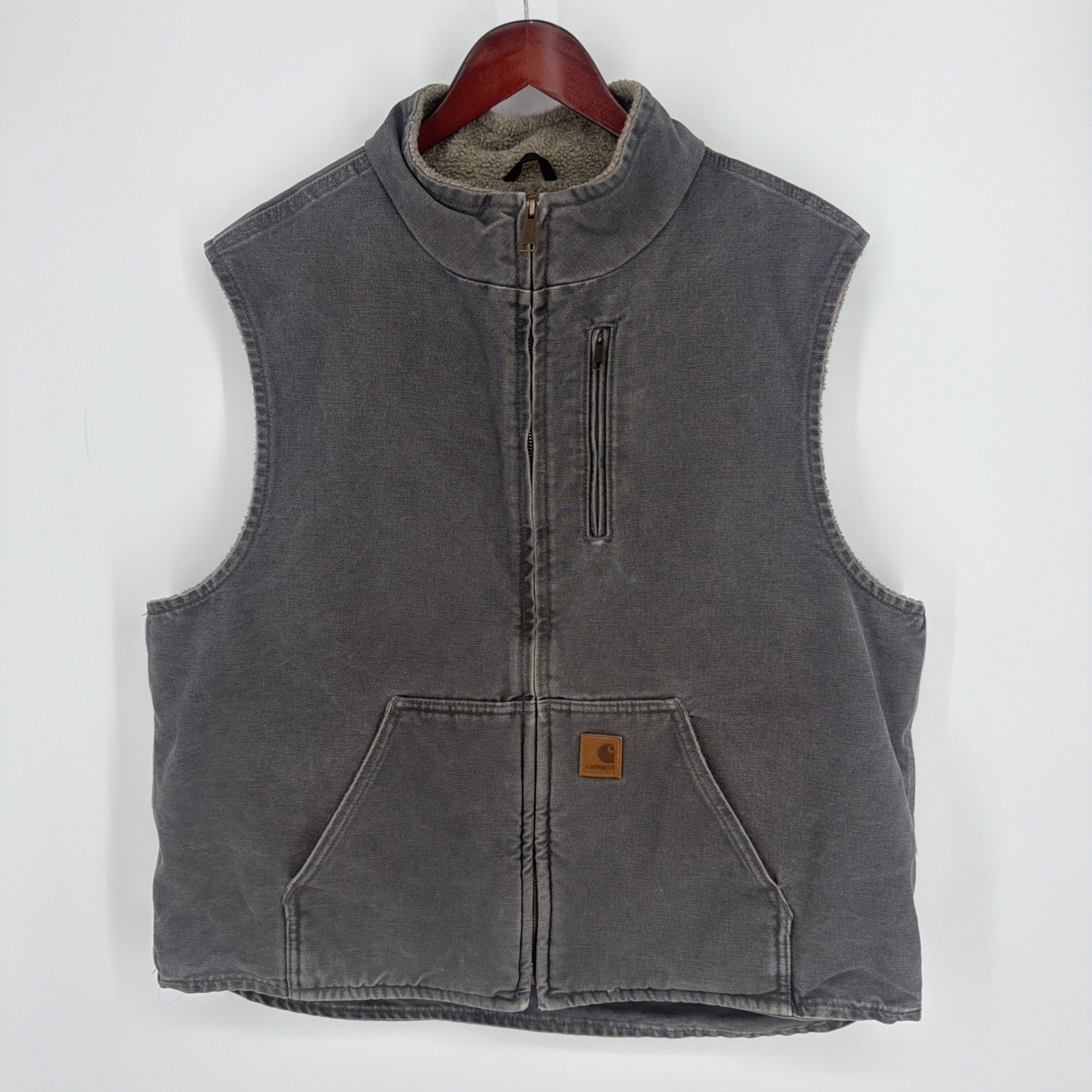 Carhartt Sherpa Lined Canvas Full Zip Vest Gray Stand-Up Collar Men’s XL V33 GVL