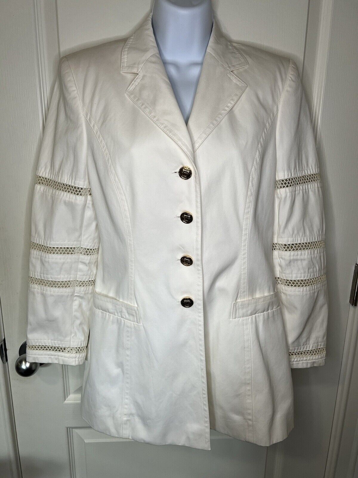 ESCADA Margaretha Ley Womens Vintage Blazer Cream Cotton Gold Buttons EU 36 US 4