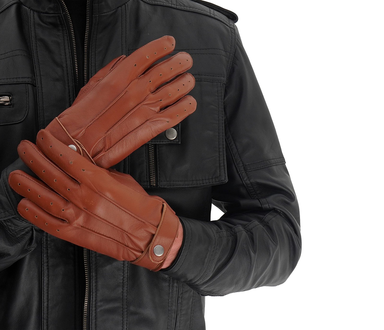 Mens Real Leather Driving Gloves Warm Winter Thin Button Down Riding Glove