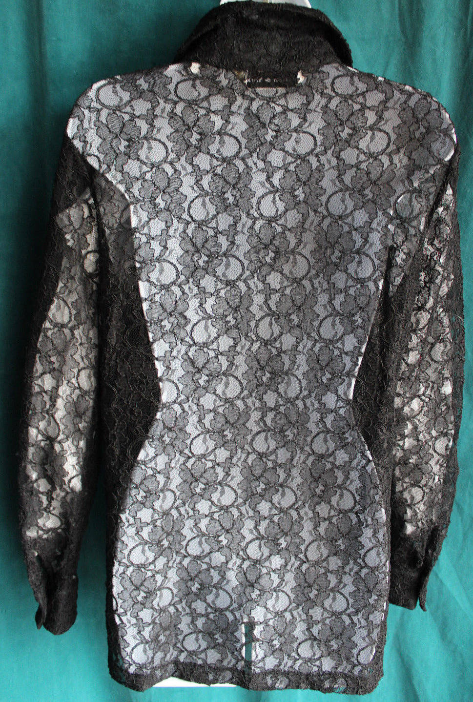 PRESTON & YORK Black Floral Lace Button Up Blouse Sz S Long Slv Top Rayon Cotton