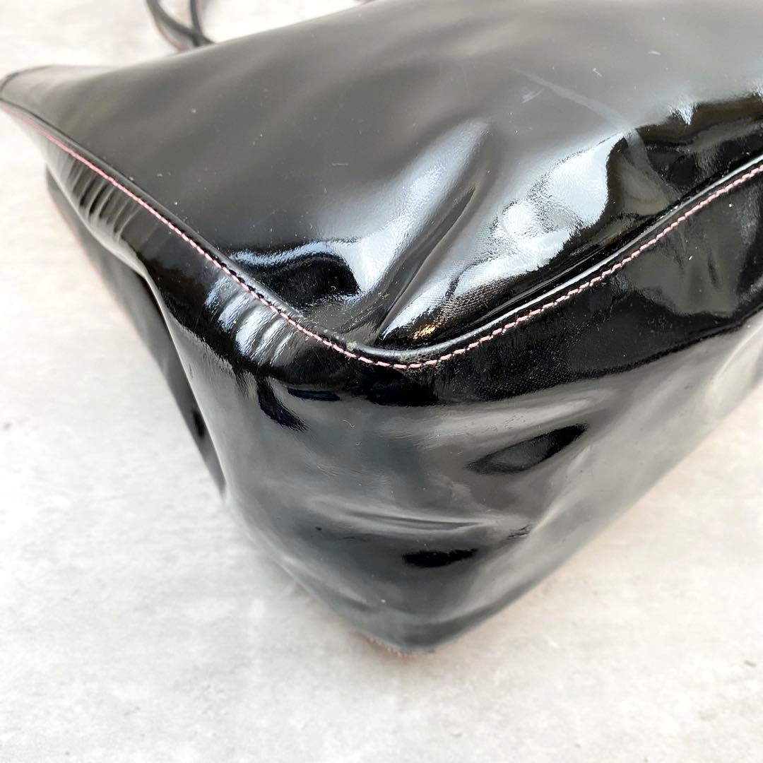 Longchamp Roseau Tote Bag Black Patent Leather A4 Documents Work 13.7in Auth