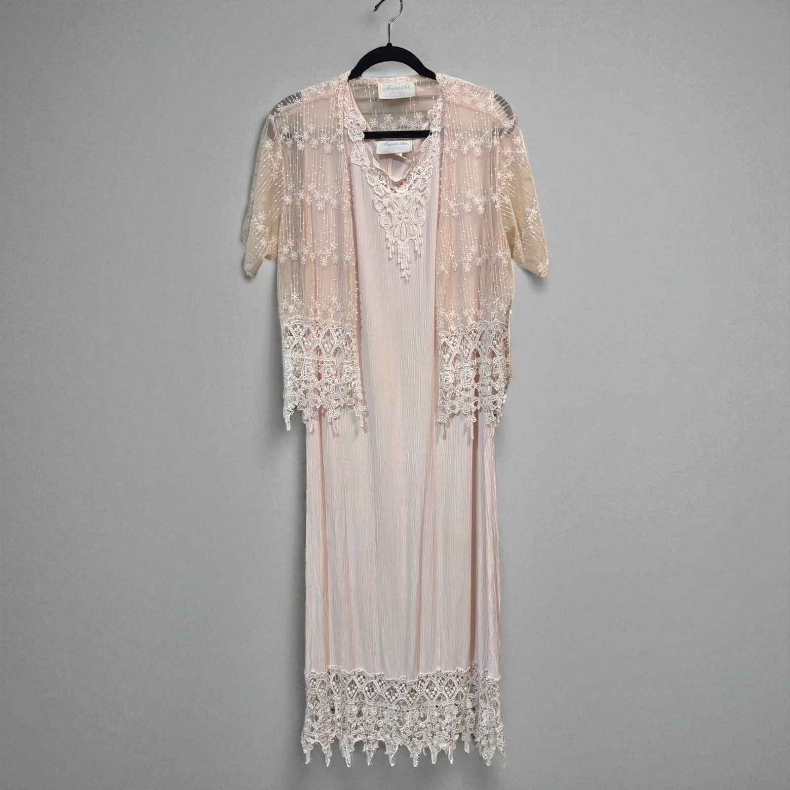 VTG Magnet Art Lynn Yang 2 Piece Set Maxi Dress Top Sz L Pastel Pink Crochet 90s