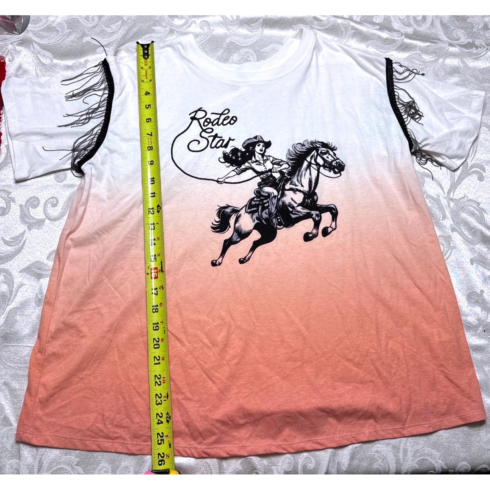Cato Rodeo Star Graphic Ombre Fringe T-Shirt White Peach Kids Size 14/16W