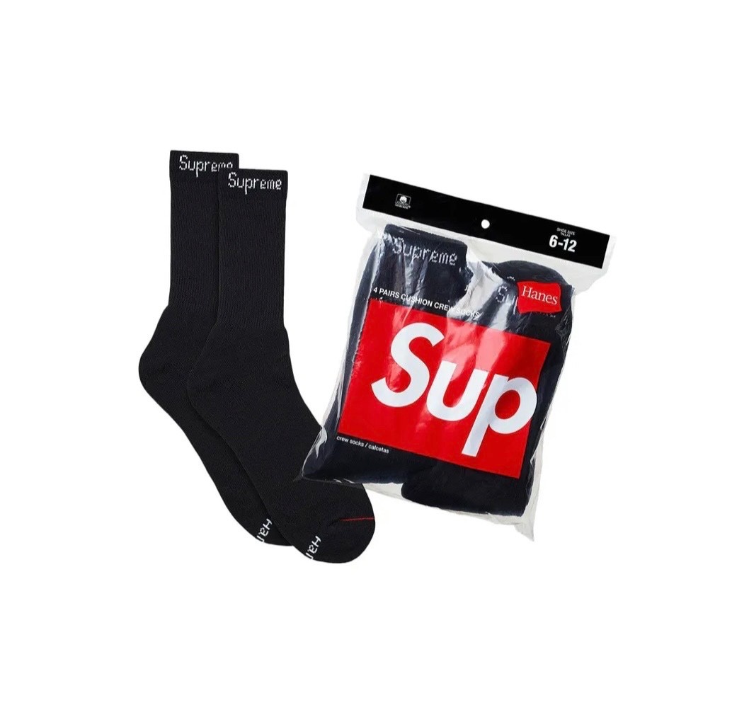 Supreme/Hanes Black Crew Socks Authentic 4 Pack Size 6-12 Fast Free Shipping 🚚