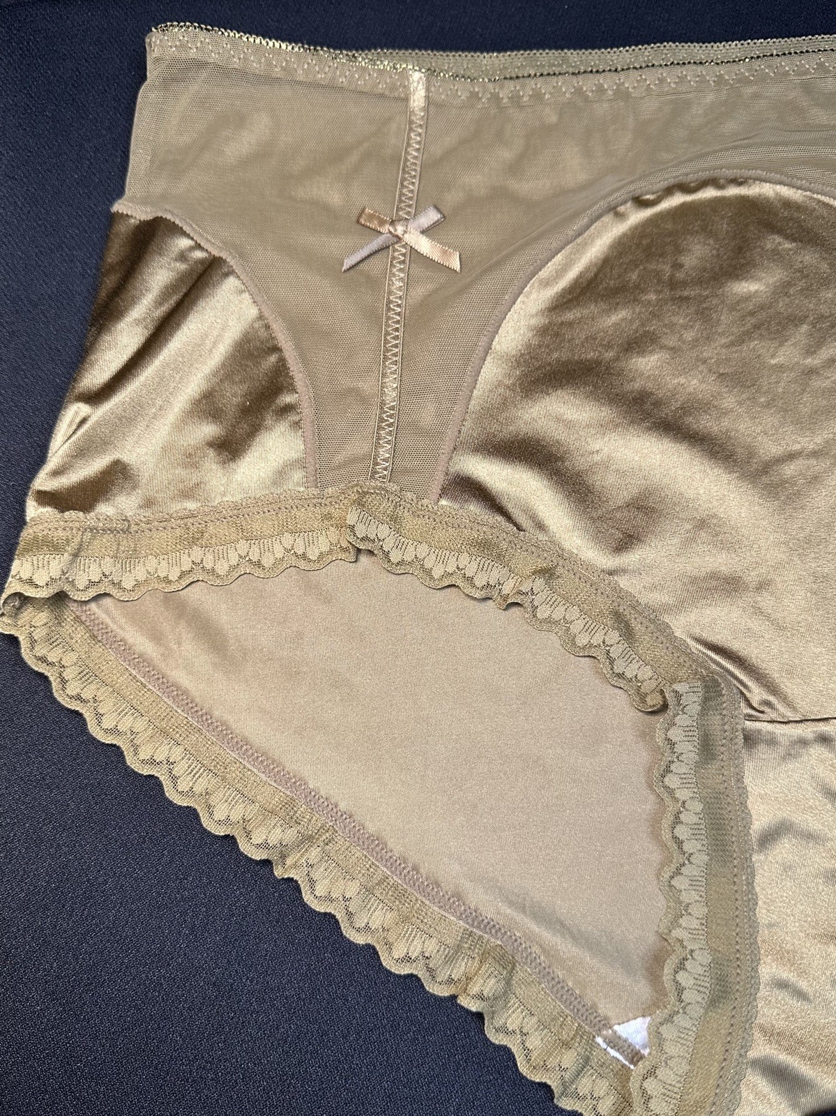 ~NWOT Champagne Gold Nylon & Lace Hi-Cut Size XL Lace Silky Soft Covers Well