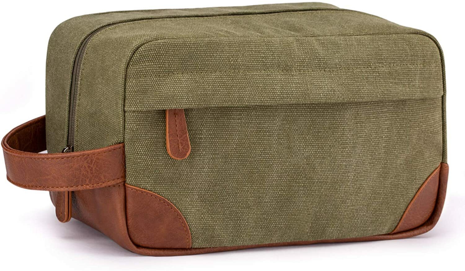 Water Resistant leather Canvas Shaving Bag Hanging Dopp Kit Toiletry Bag – Green