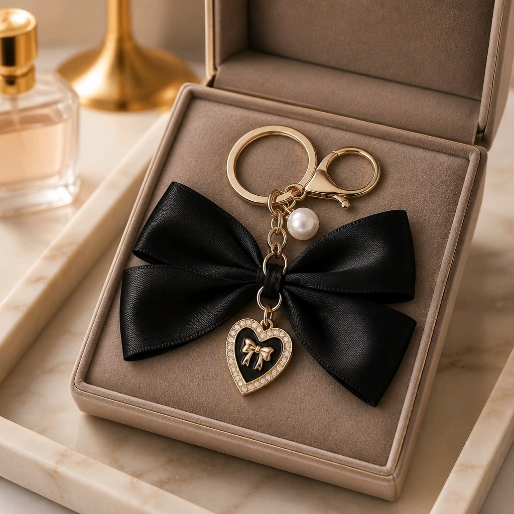 Satin Bow Ribbon Bag Charm Keychain Heart Rhinestone Pearl Luxury Purse Pendant