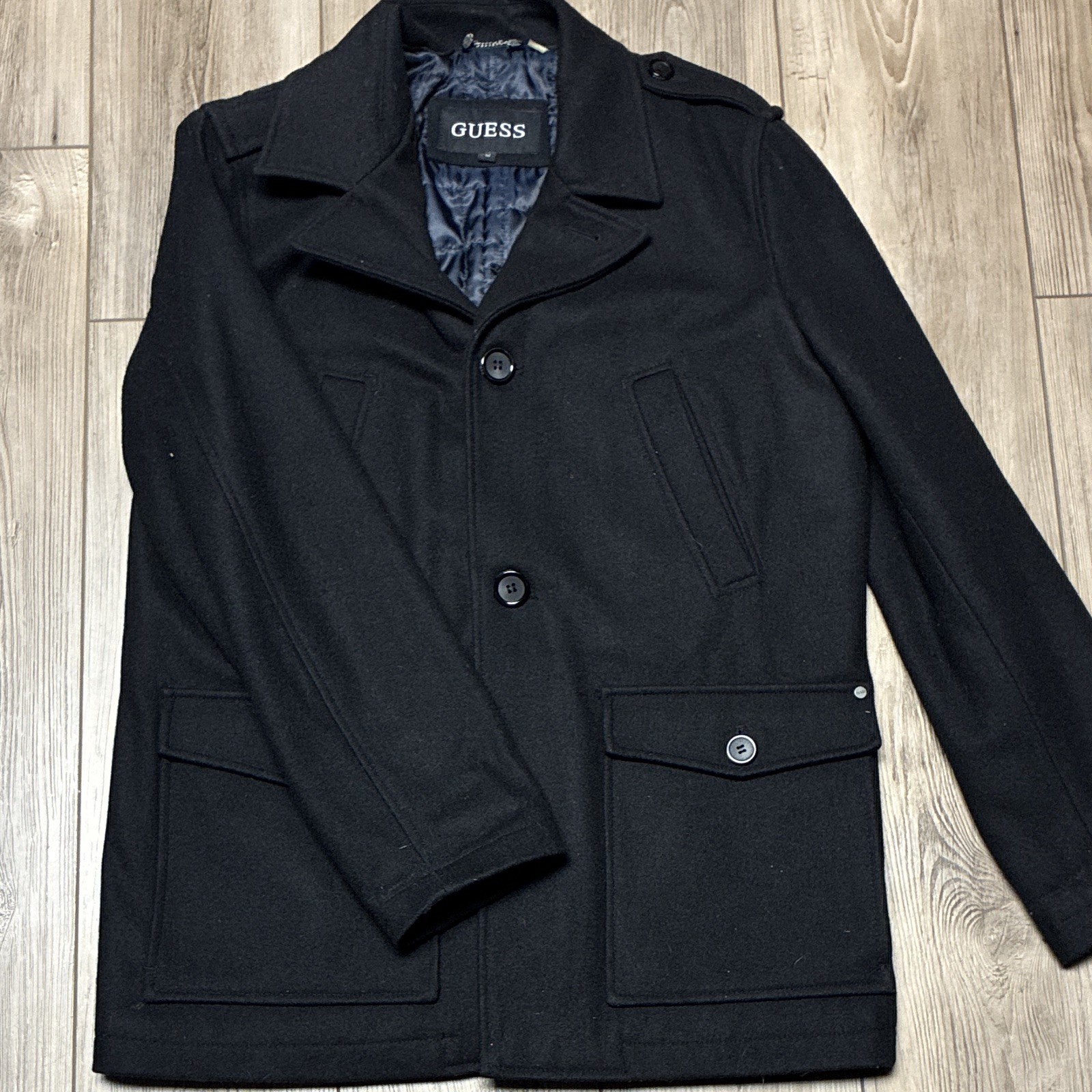 GUESS Men’s Black Pea Coat Mid-Length Lined Pockets Button Logo Size M
