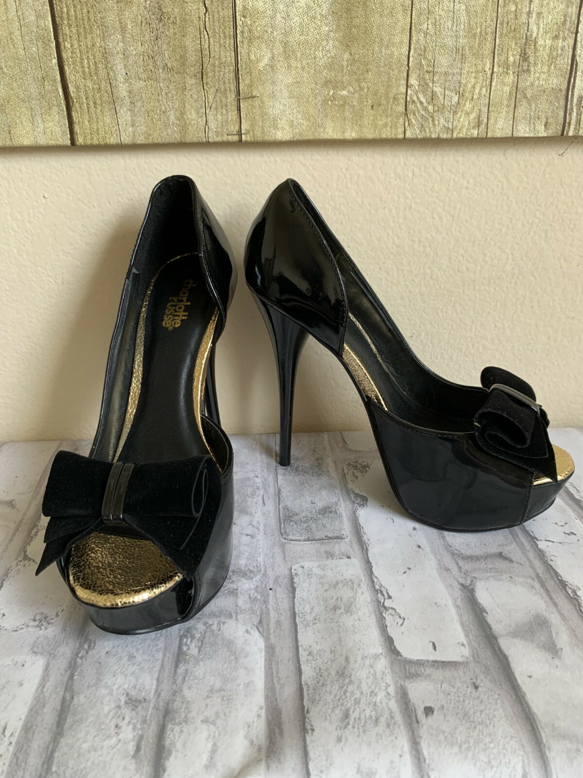CHARLOTTE RUSSE Women’s Platform High Heels Pump Patent Open Toe Suede Bow