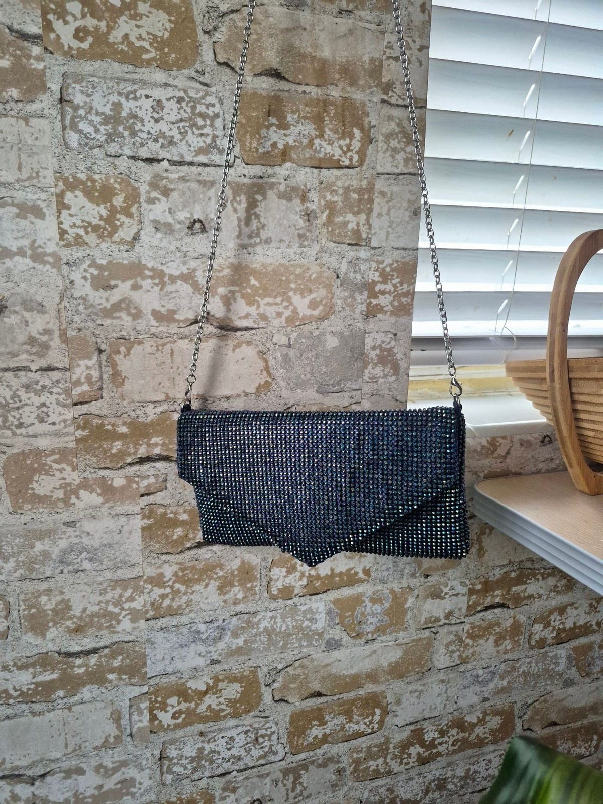 La Regale Iridescent Rhinestone Envelope Clutch with Chain Strap