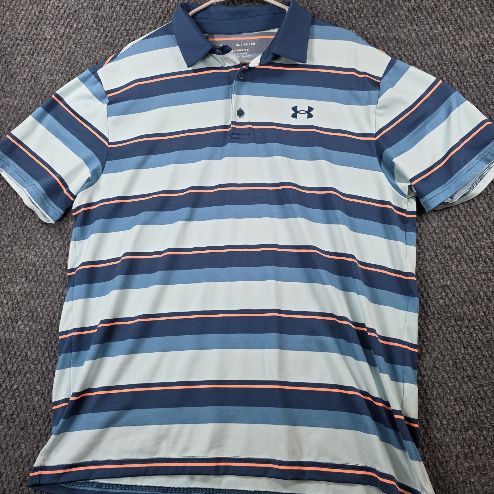 Under Armour Playoff Polo Shirt Mens XL Blue Coral Striped Loose Fit Golf Casual