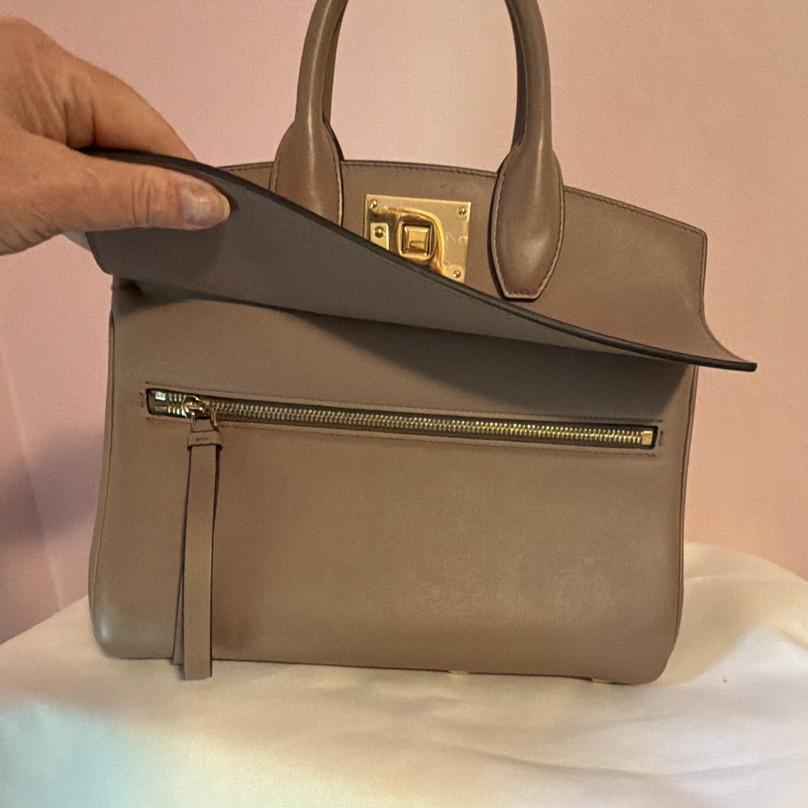 Salvatore Ferragamo The Studio Taupe Satchel Gold Hardware Detachable Strap