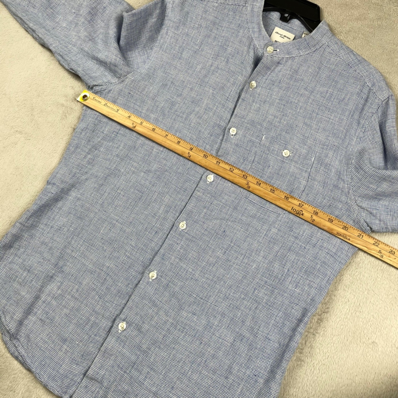 Murano Baird Mcnutt Shirt MensMedium Slim Fit Blue Linen Houndstooth Band Collar