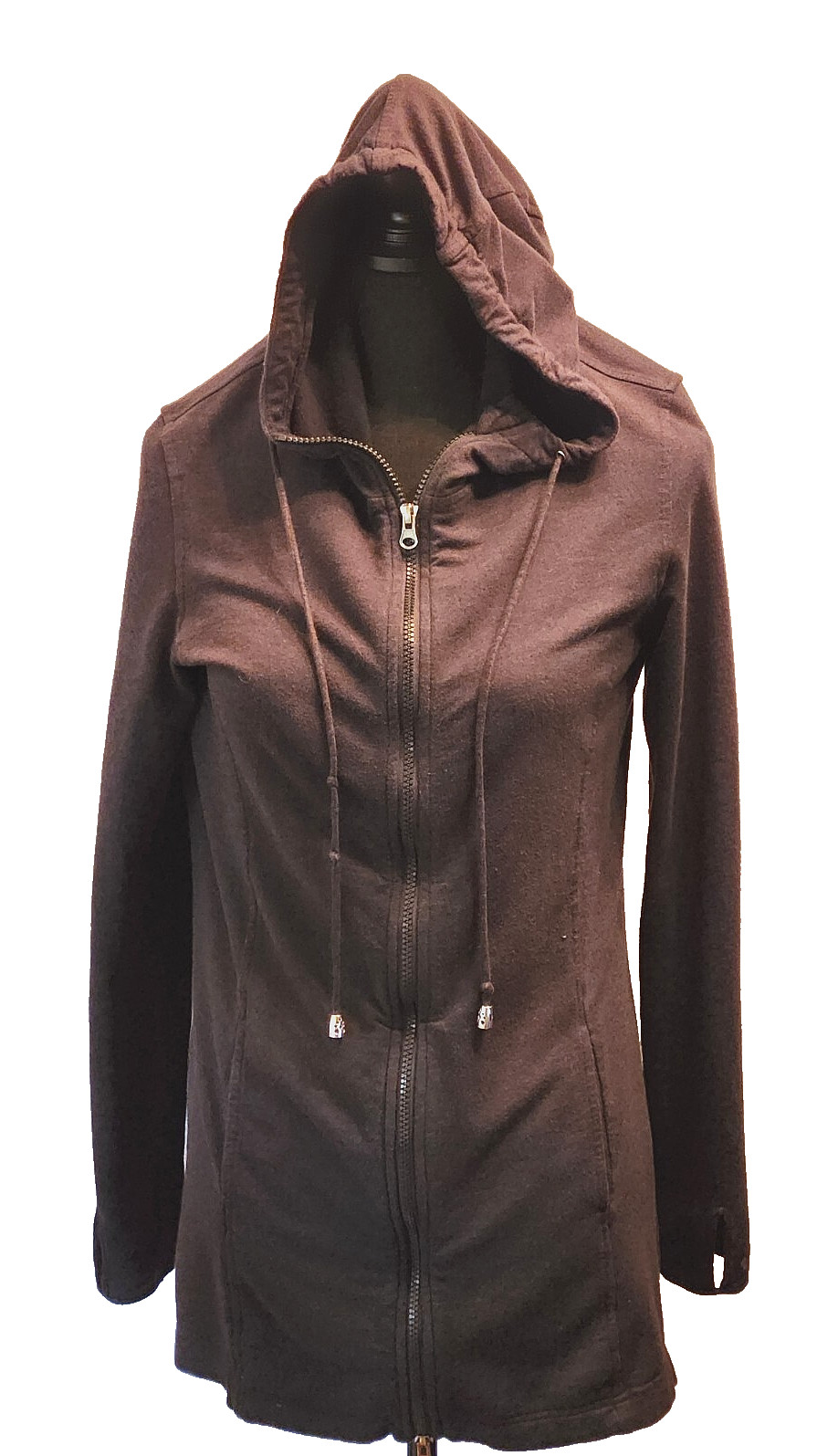 Womans Mode de Vie Long Charcoal Hooded Sweatshirt 2 Way Zip Up sz 8 Thumb Holes
