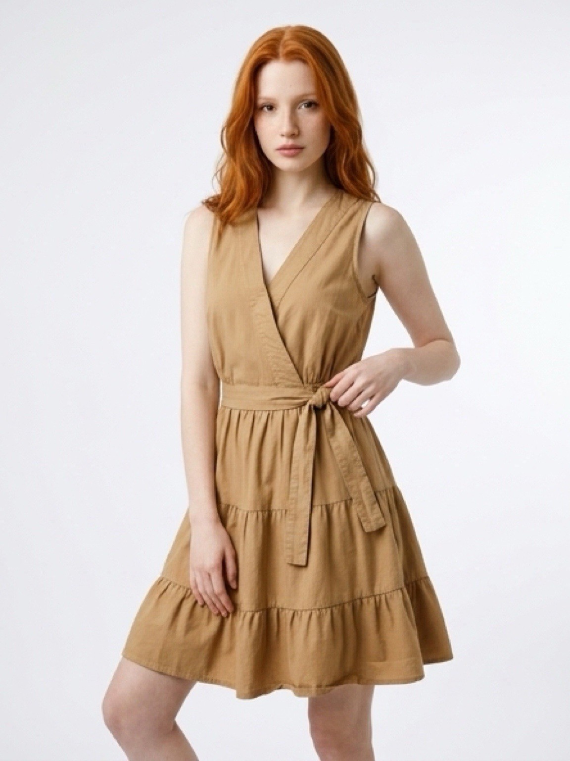 Nine West Cotton Blend Beige Wrap Dress Sleeveless Short Lined Tie Waist XS