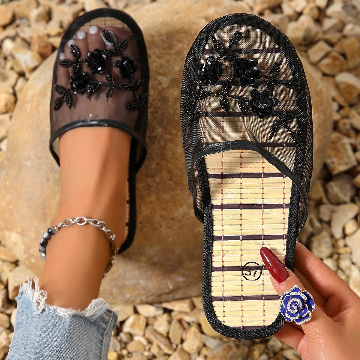 Womens Mesh Floral Sequined Chinese Slippers Summer Closed Toe Mules Shoes